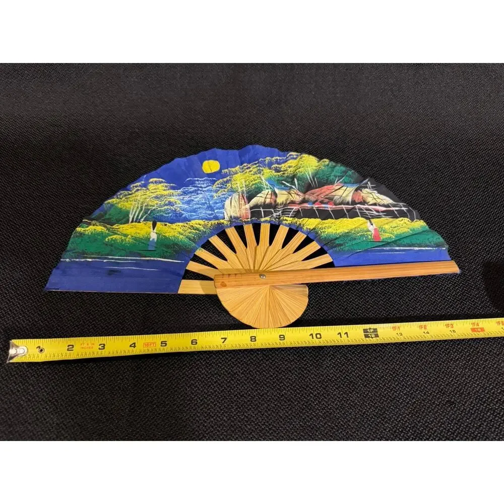 Vintage Thai Bamboo Folding Wall Fans Lot Of 2 Hand Painted Asian Decor